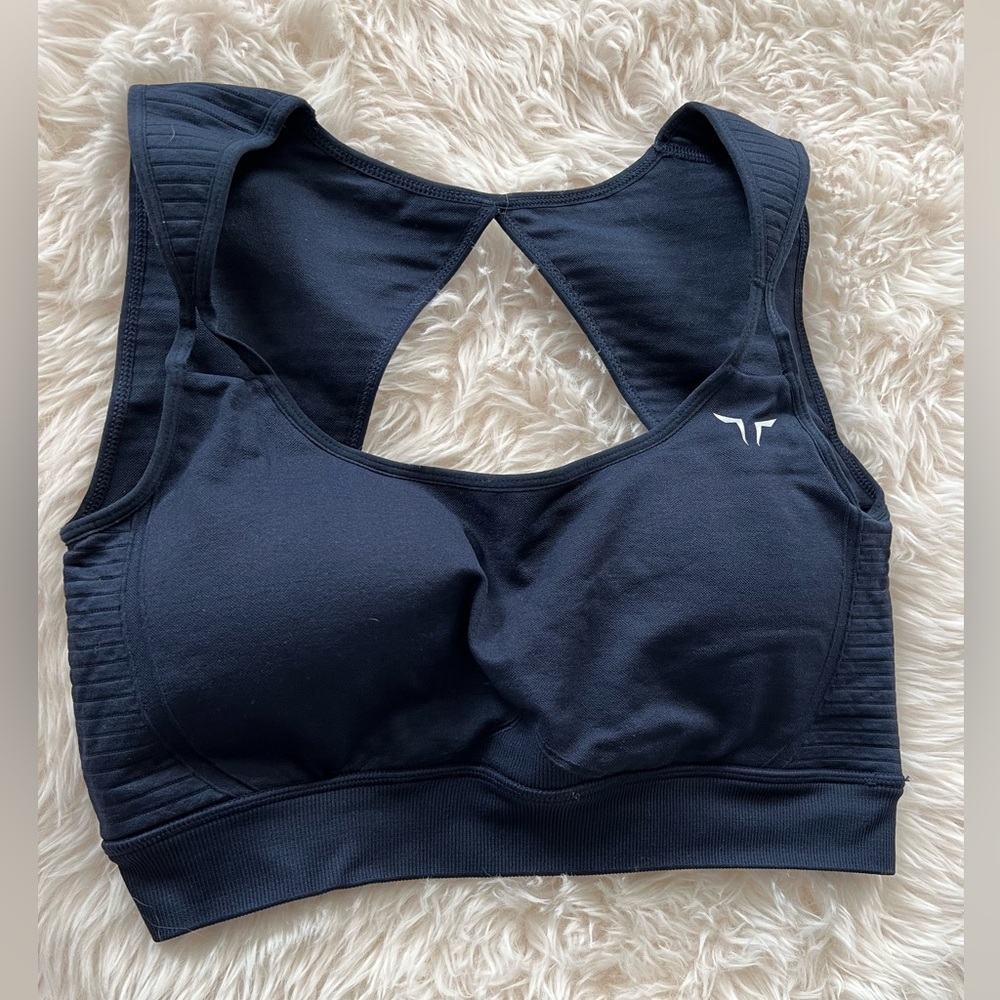 Navy open back sports bra.